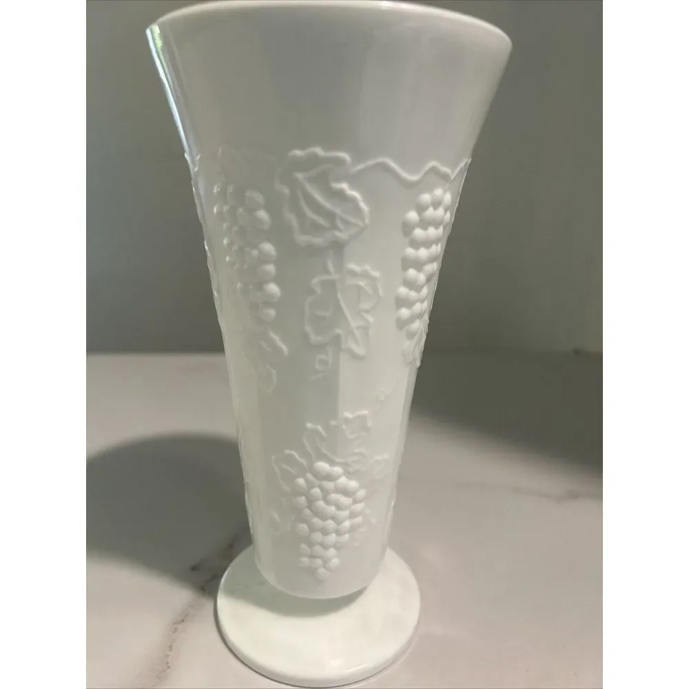 Vintage Milk Glass Grape Vine Design White Footed 7.75